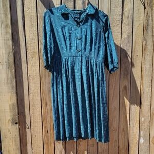 American Vintage 50s Teal Long Sleeve Pleated Dress Button Front